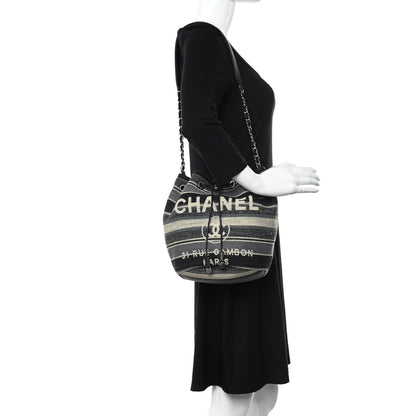 Chanel Striped Canvas Deauville Drawstring Bag Grey Black 2 of 12