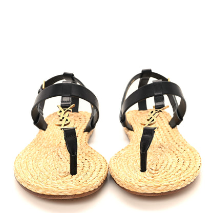 Saint Laurent Calfskin Raffia Cassandra Monogram Sandals 38.5 Black 3 of 9