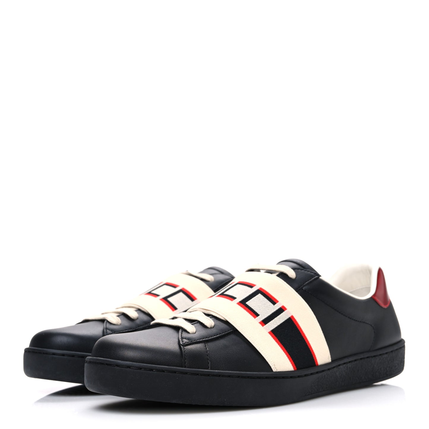 Calfskin Stripe Mens New Ace Sneakers 8.5 Black Ecru Red Flame