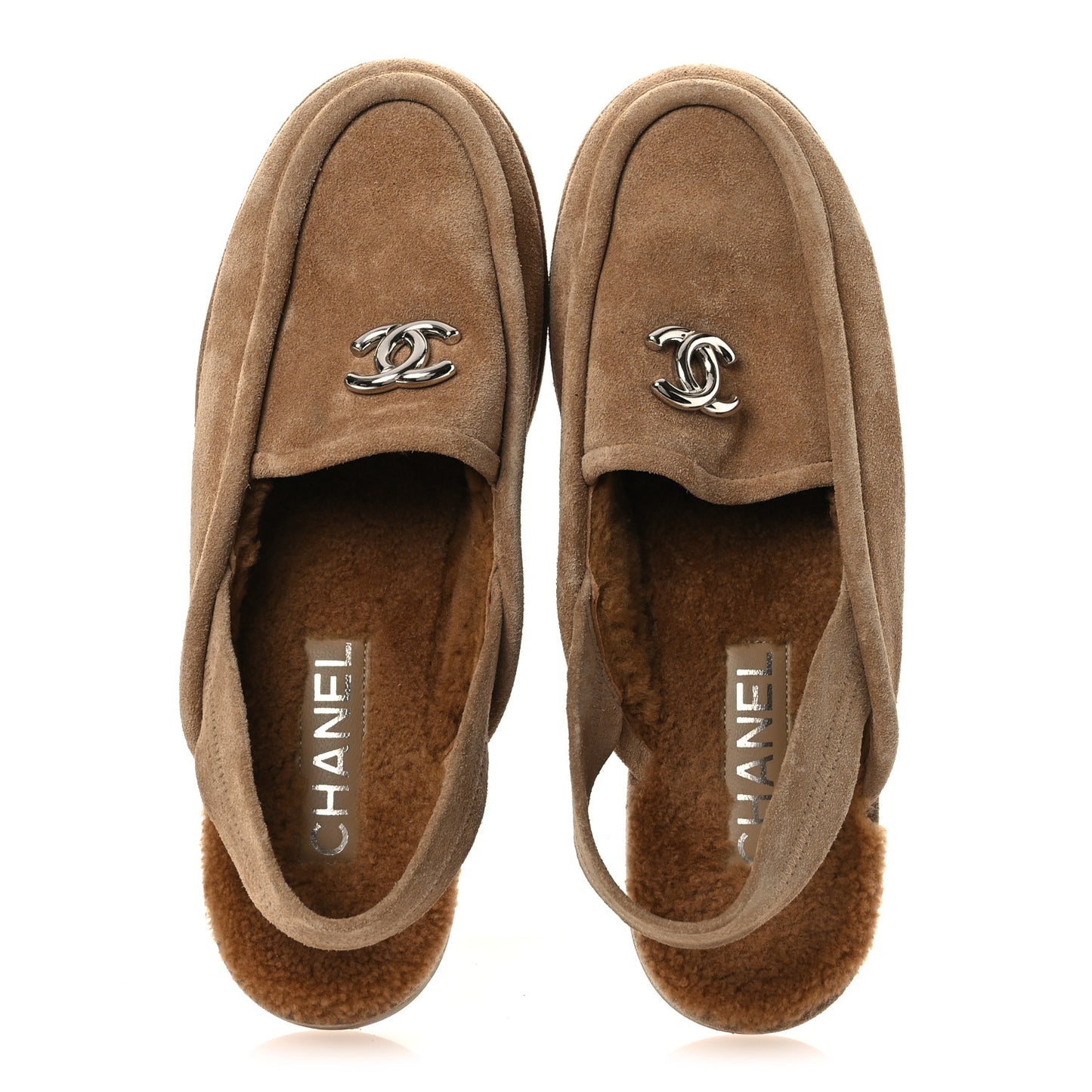 Suede Calfskin CC Slingback Loafers 38.5 Dark Beige