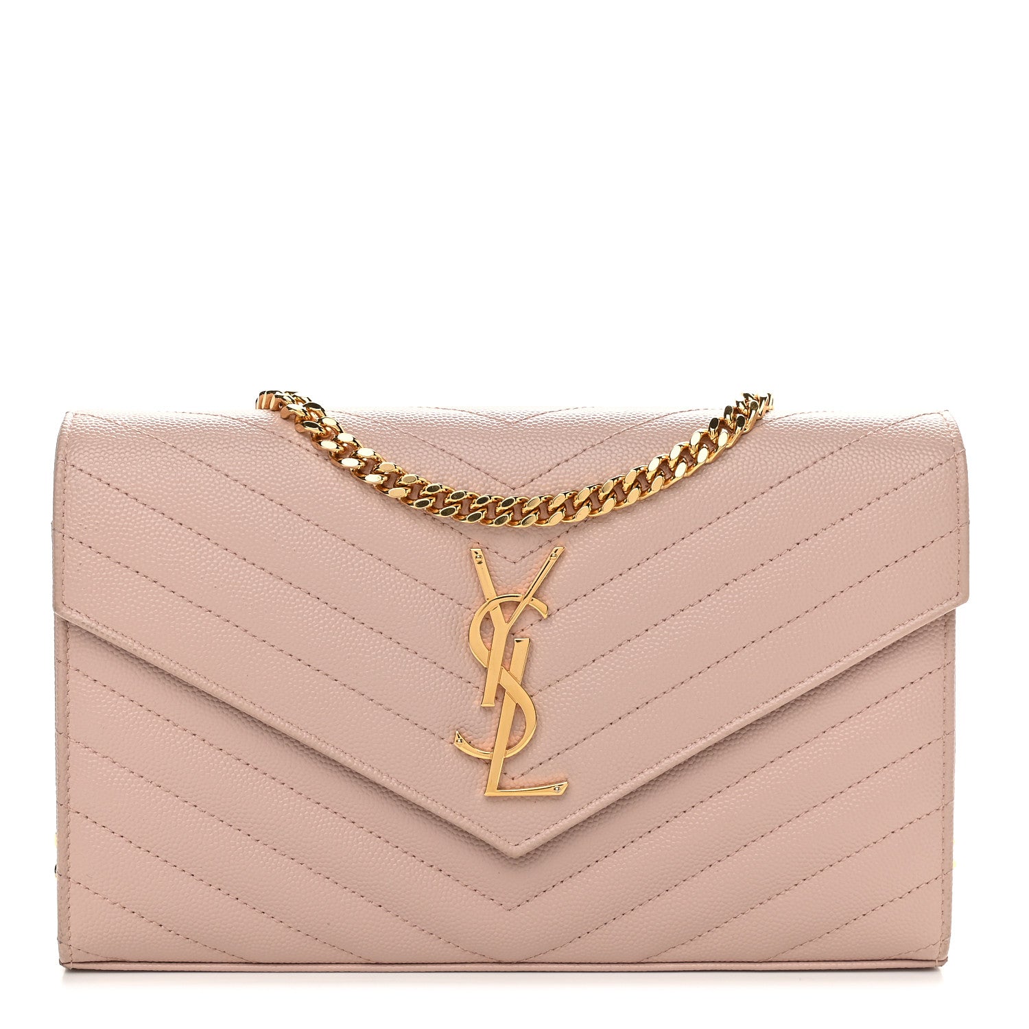 Saint Laurent Grain De Poudre Matelasse Chevron Monogram Chain Wallet Pale Pink 1 of 9