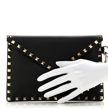 Valentino Garavani Pebbled Calfskin Medium Rockstud Envelope Flat Wristlet Pouch Black 2 of 8