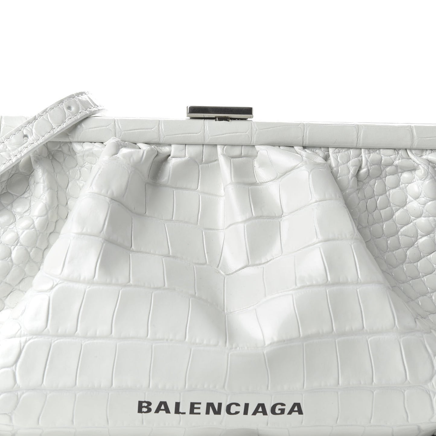 Shiny Supple Calfskin Logo Crocodile Embossed XL Cloud Clutch White