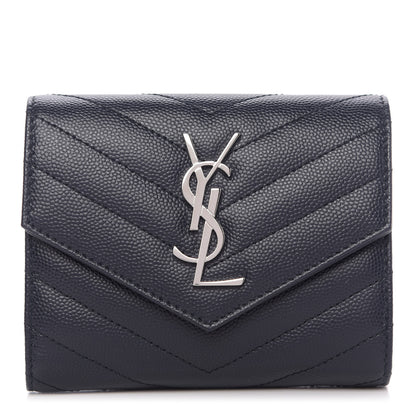 Saint Laurent Grain De Poudre Matelasse Chevron Small Monogram Envelope Wallet Navy 1 of 10