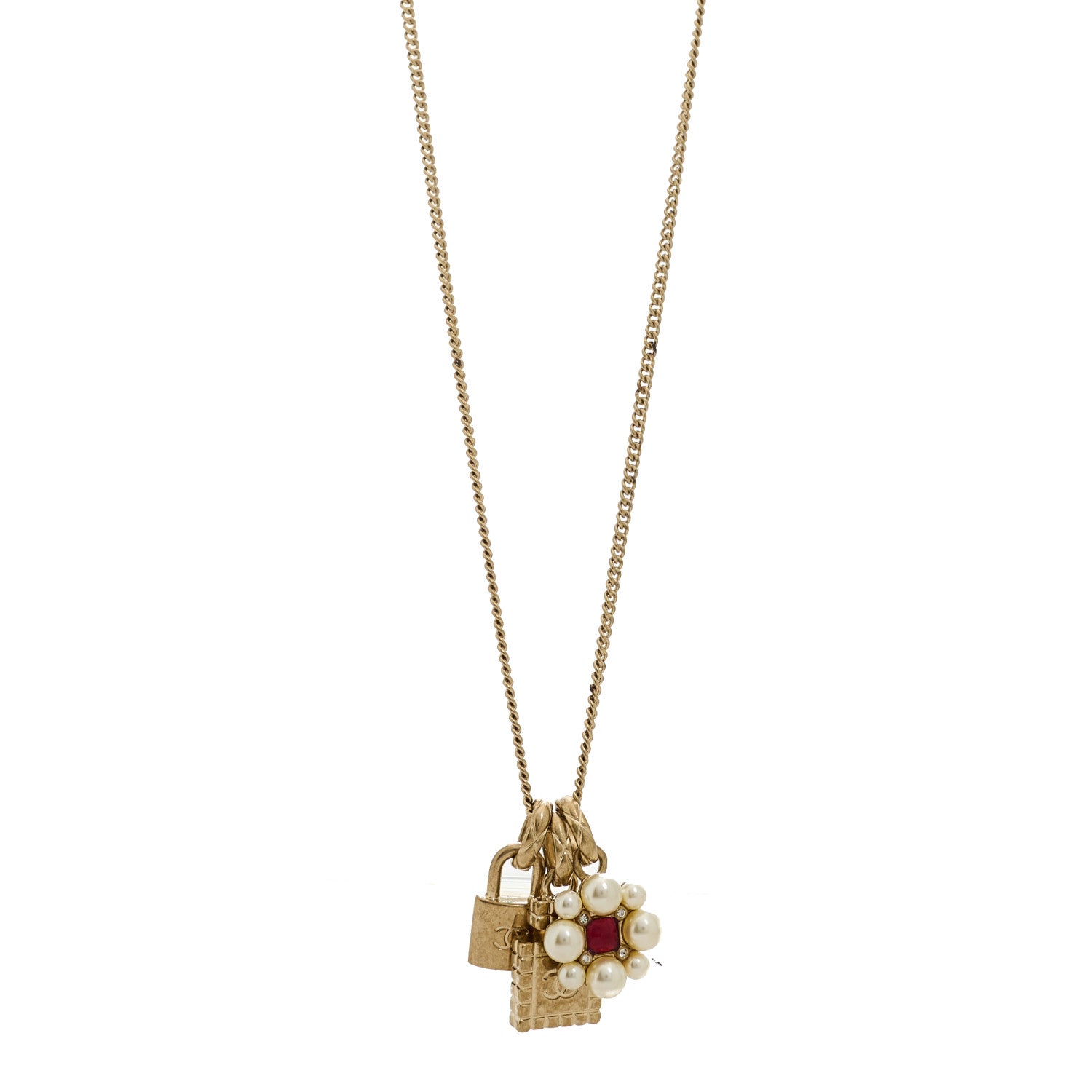 Chanel Crystal Pearl Lock Perfume Bottle CC Pendant Necklace Gold Red White 1 of 5