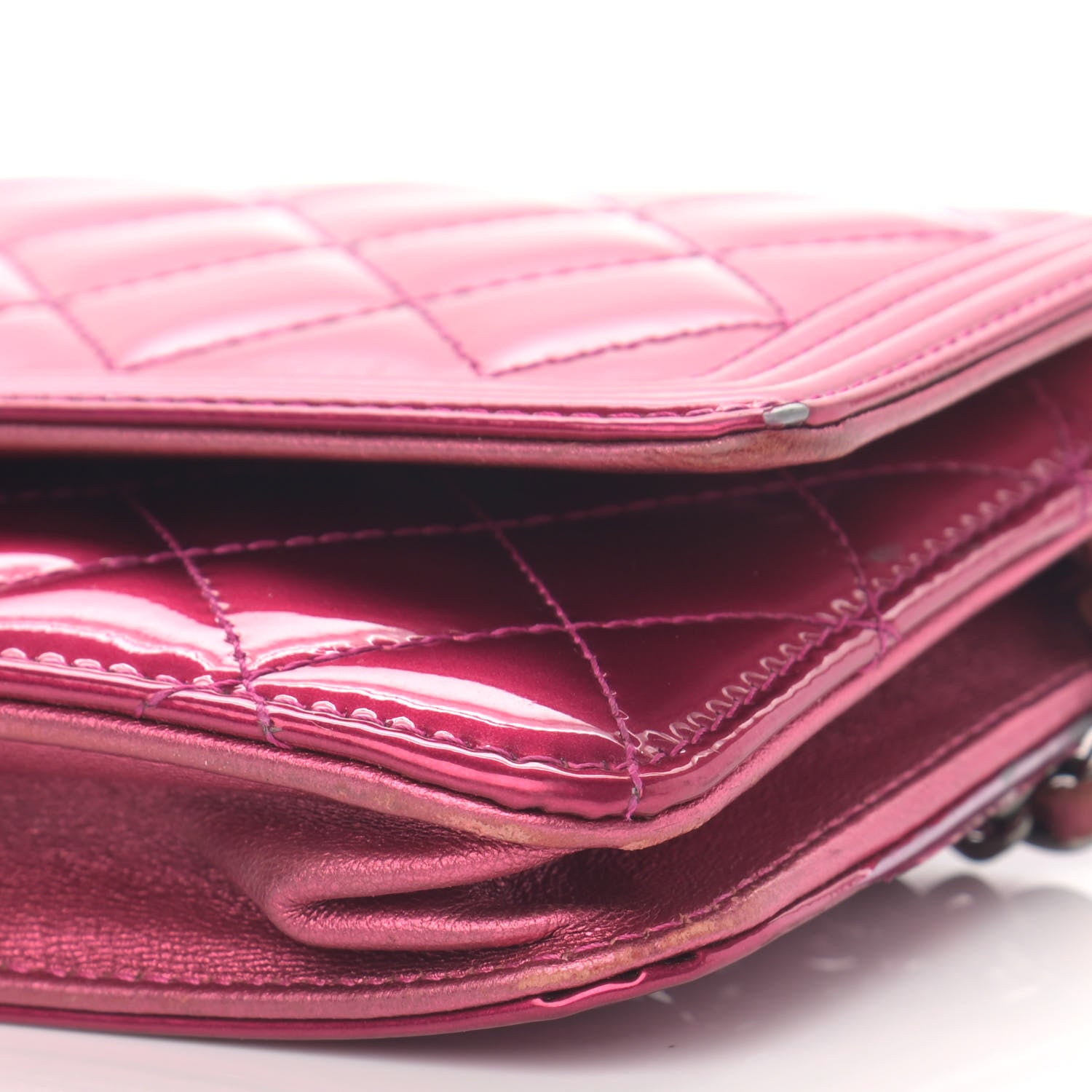 Chanel Metallic Patent Calfskin Quilted Boy Wallet On Chain WOC Fuchsia 12 of 20