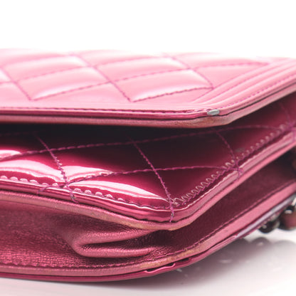 Chanel Metallic Patent Calfskin Quilted Boy Wallet On Chain WOC Fuchsia 12 of 20