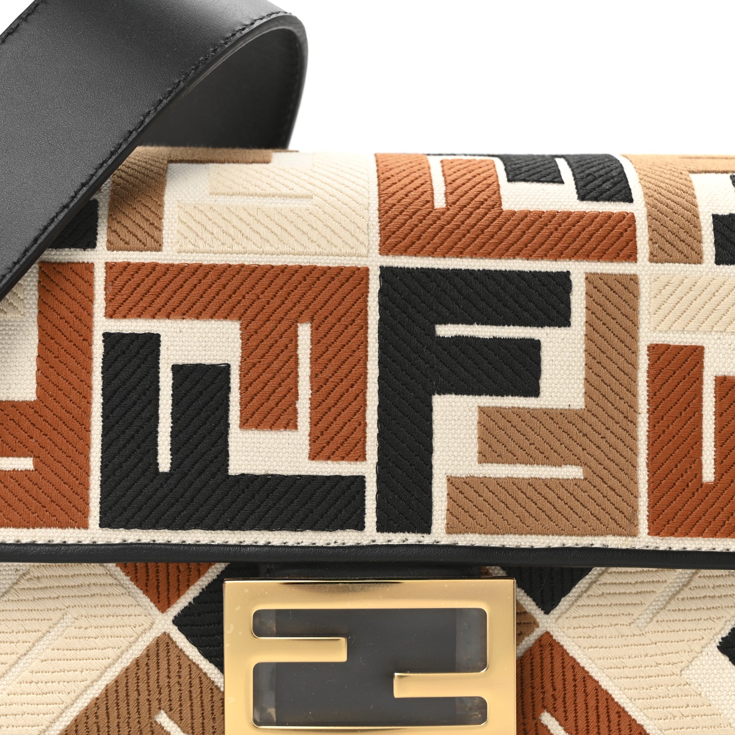 Fendi Canvas Vitello Seta FF Multicolor Embroidered Baguette Brandy Black 7 of 9