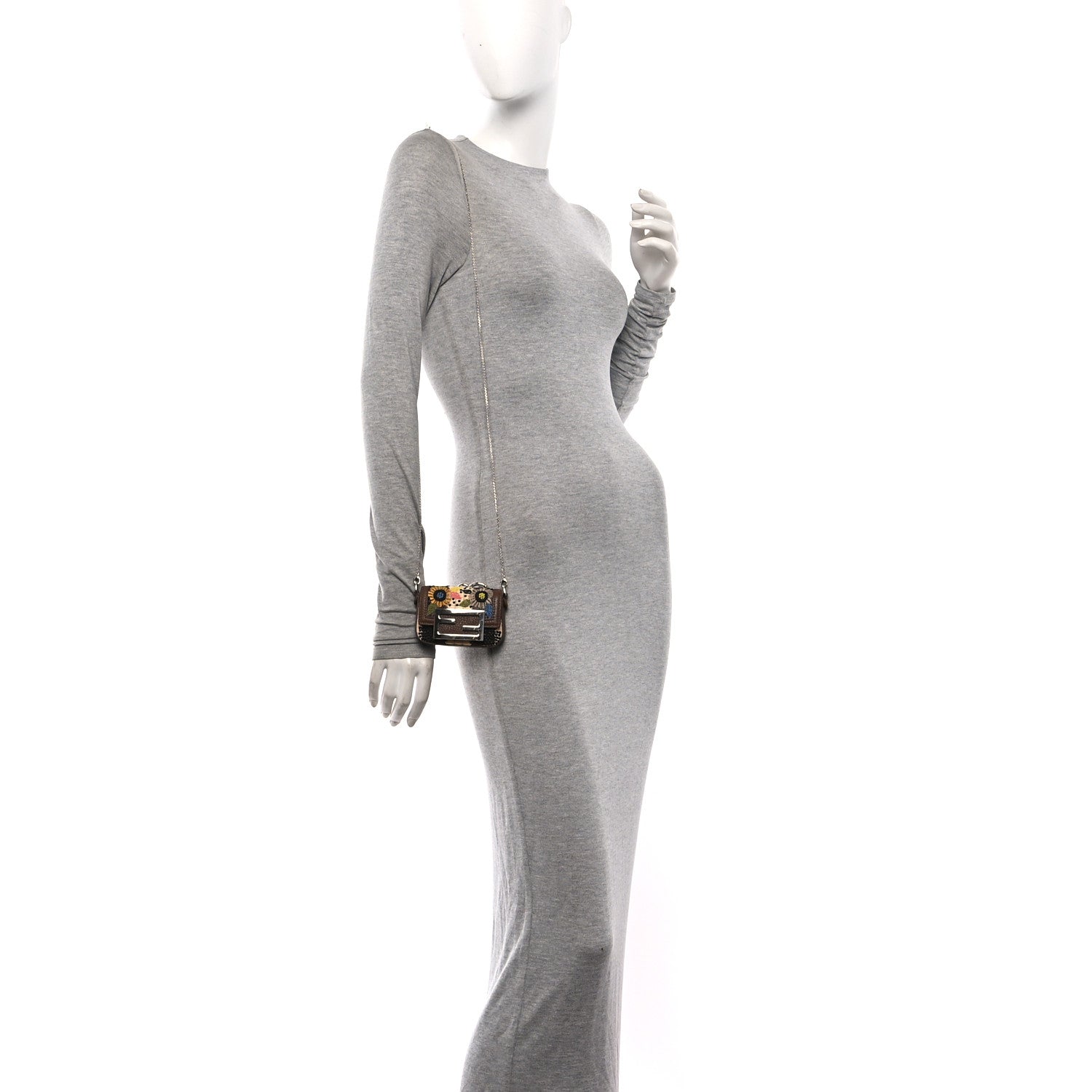 Fendi Woven Fabric Calfskin Embroidered Nano Maxi Buckle Baguette Charm Natural Gianduia 2 of 12