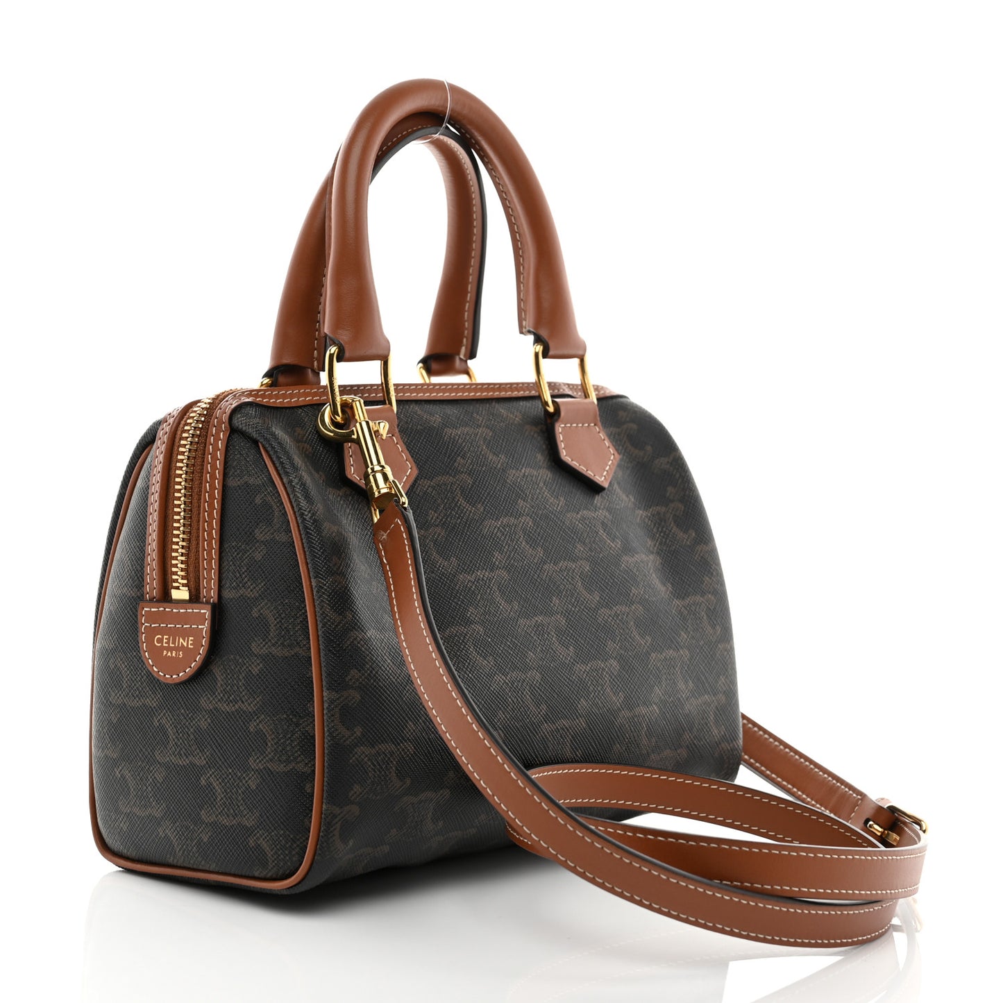 Triomphe Canvas Calfskin Small Boston Bag Tan