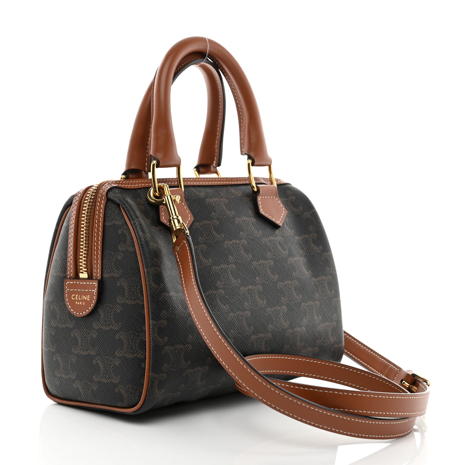 Celine Triomphe Canvas Calfskin Small Boston Bag Tan 3 of 10