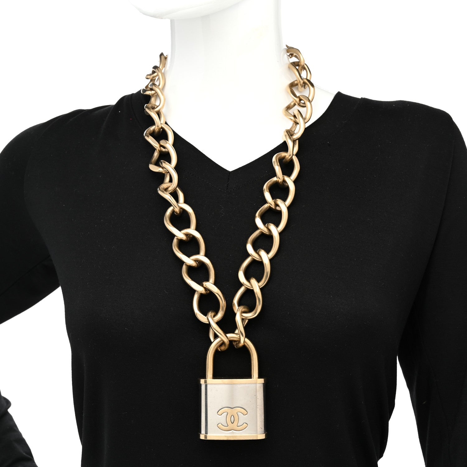 Chanel CC Oversized Padlock Necklace Gold Silver 2 of 7
