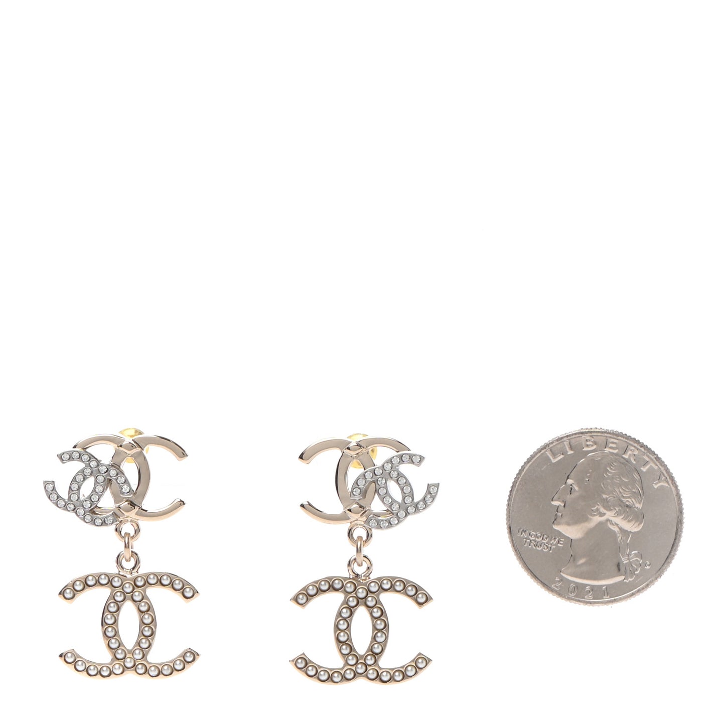 Crystal Pearl Double CC Drop Earrings Gold Silver