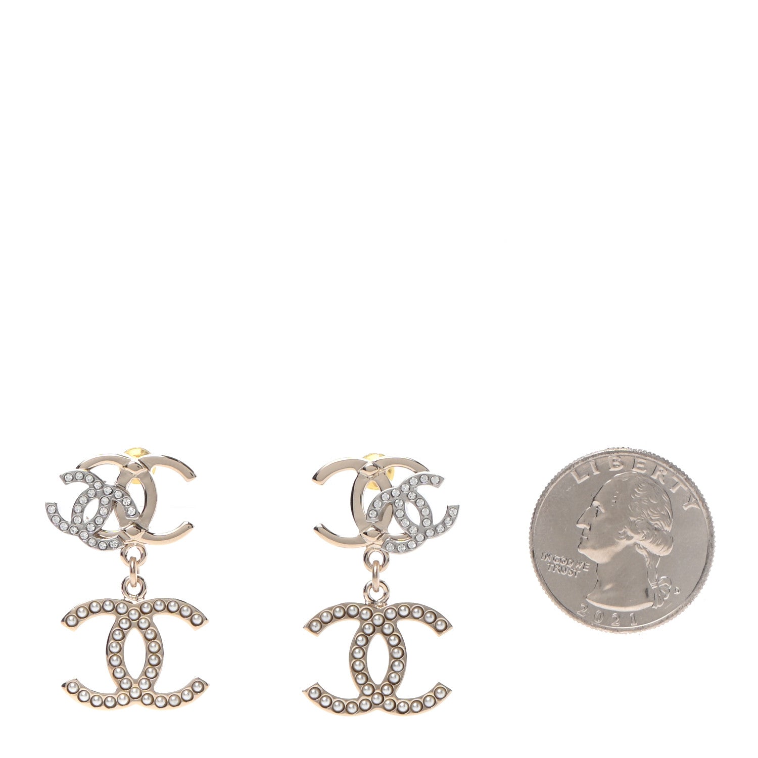 Chanel Crystal Pearl Double CC Drop Earrings Gold Silver 2 of 4