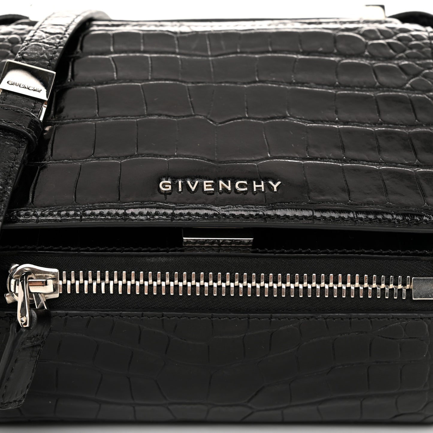 Calfskin Crocodile Embossed Mini Pandora Box Crossbody Bag Black