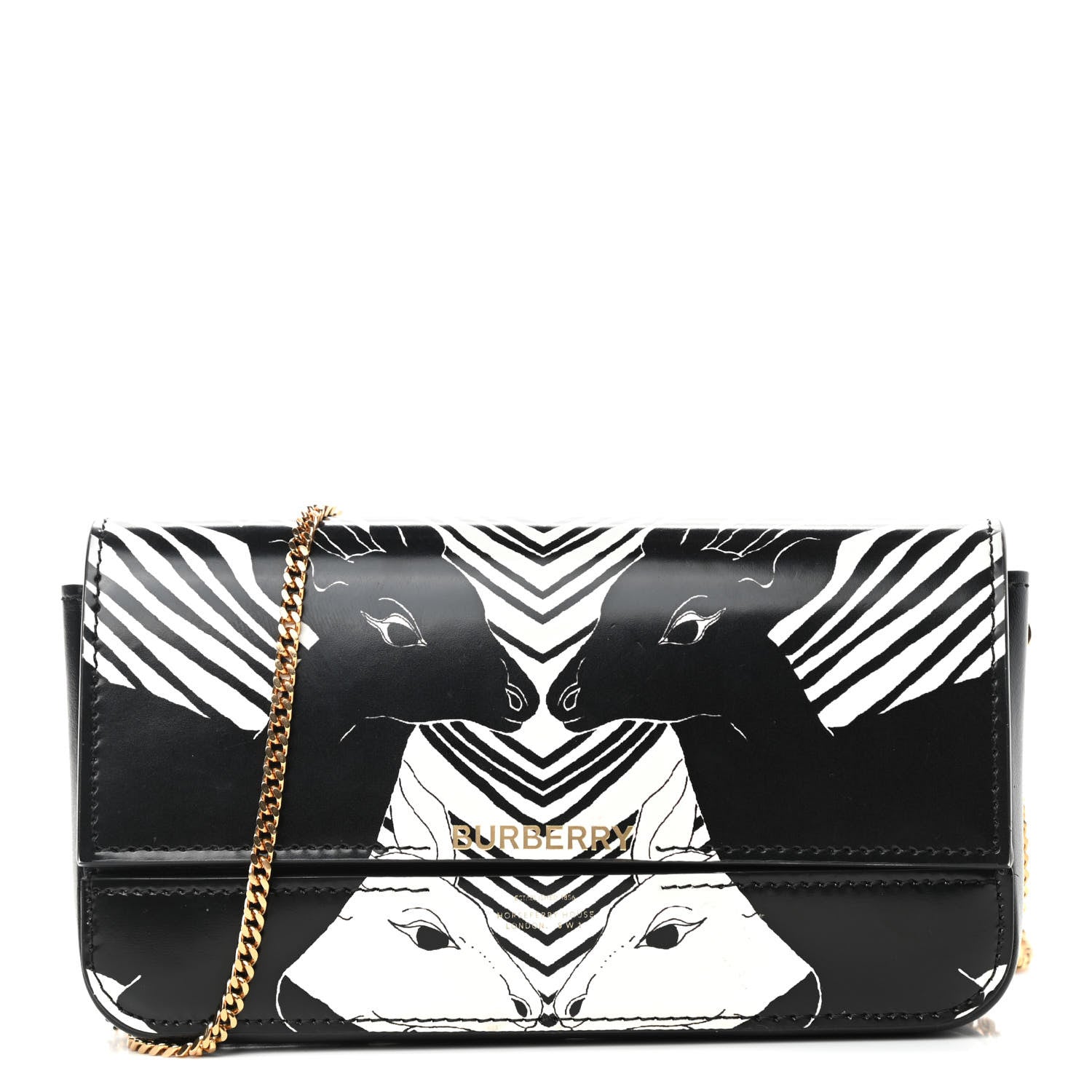 Burberry Calfskin Deer Print Camille Chain Wallet Black White 1 of 9