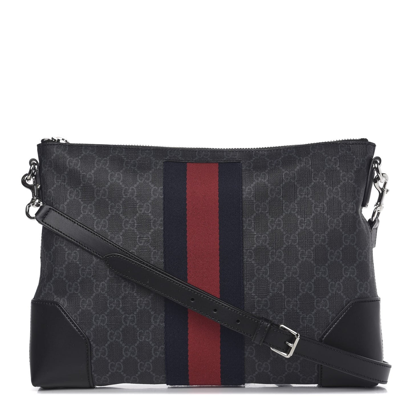 Soft GG Supreme Monogram Appia Calfskin Web East West Messenger Bag Black Grey