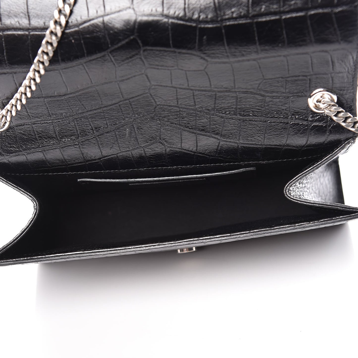 Calfskin Crocodile Embossed Medium Classic Monogram Kate Tassel Satchel Black