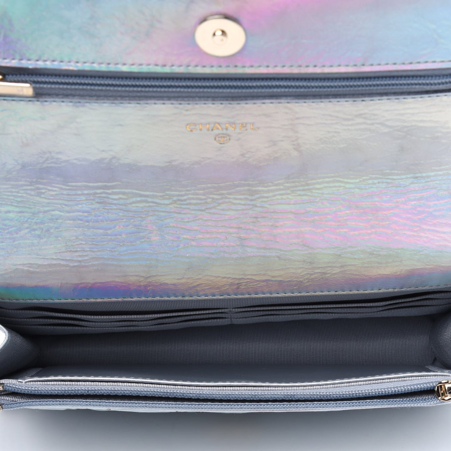 Iridescent Goatskin Quilted Wallet On Chain WOC Silver