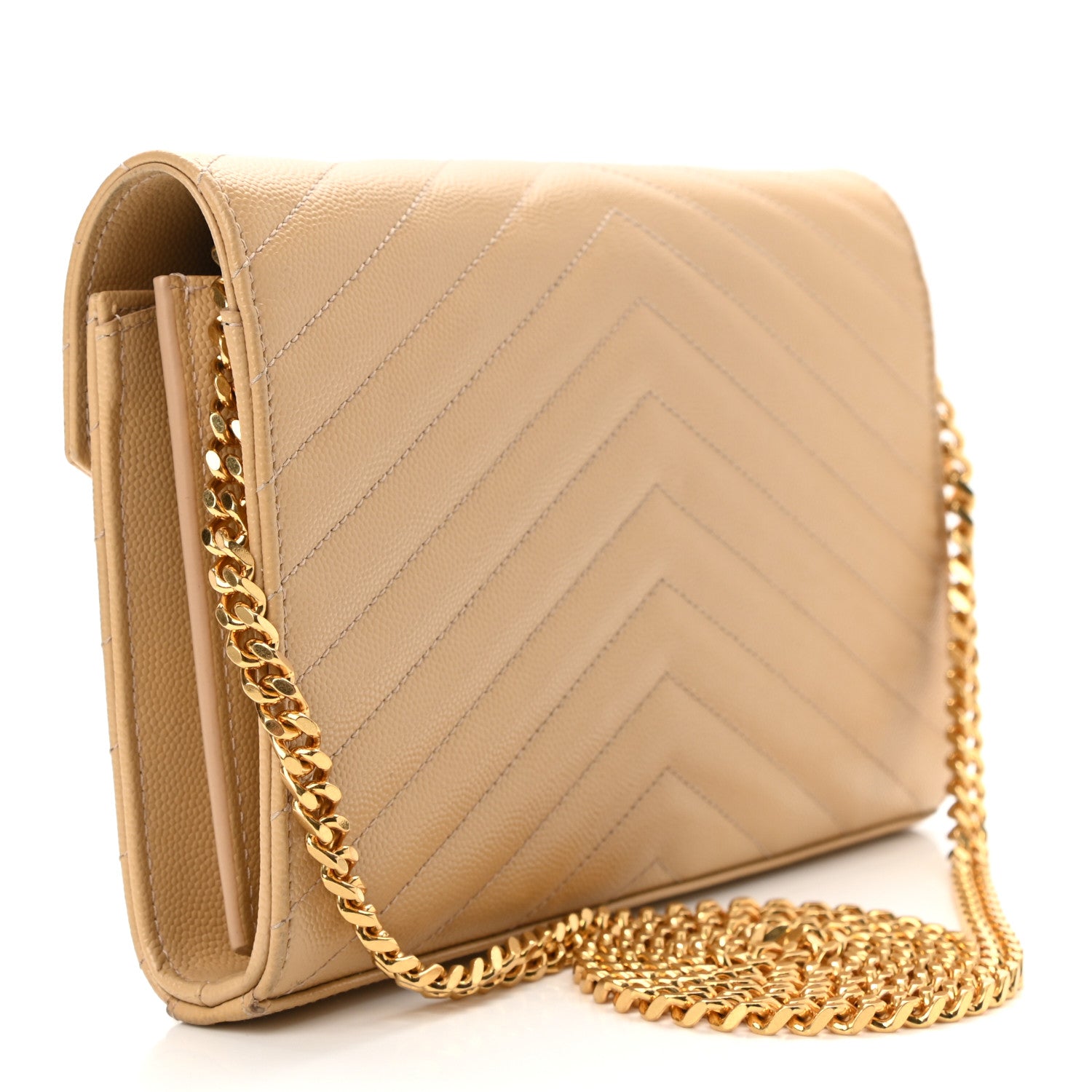 Saint Laurent Grain De Poudre Matelasse Chevron Monogram Chain Wallet Dark Beige 3 of 10
