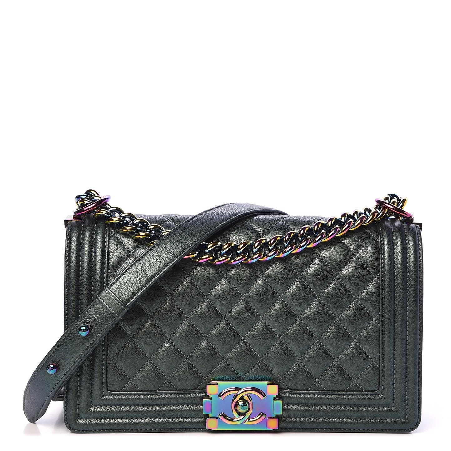 Iridescent Goatskin Quilted Medium Boy Flap Green
