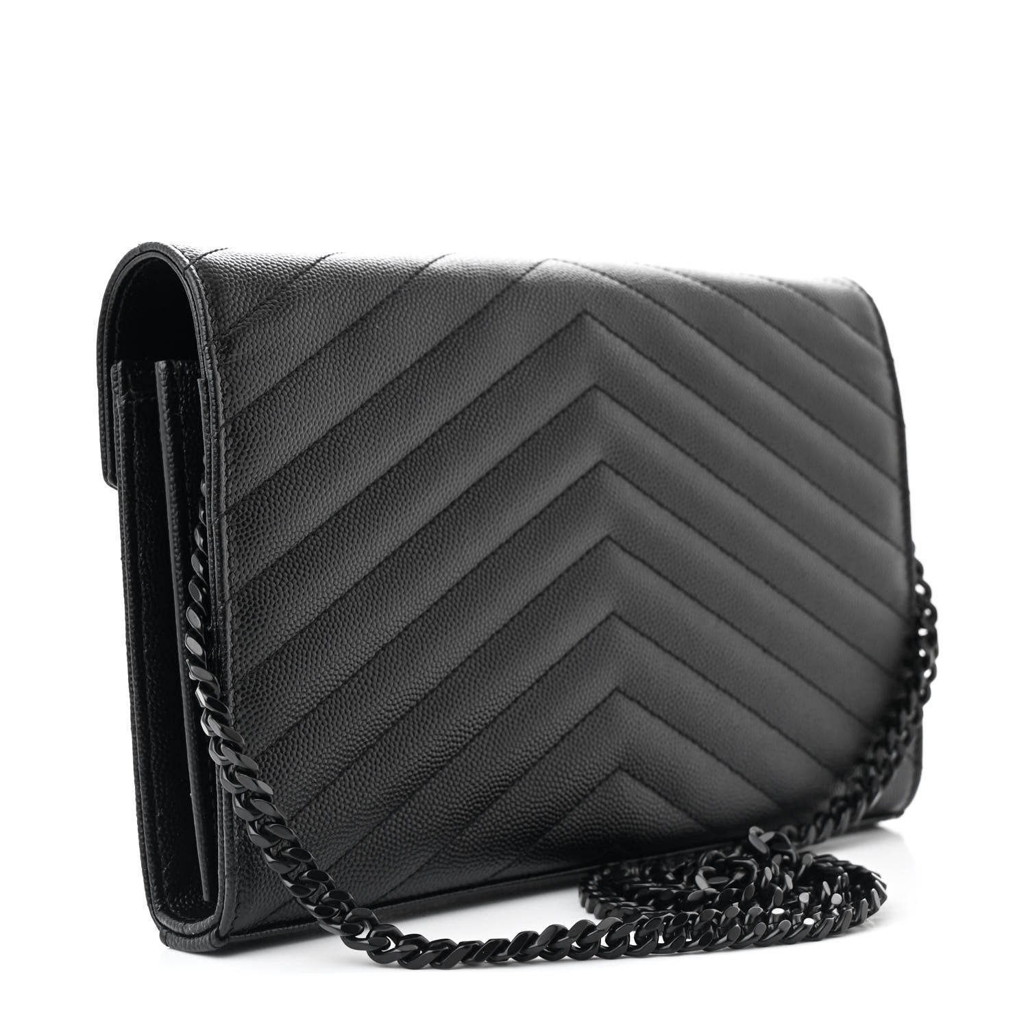 Saint Laurent Grain De Poudre Matelasse Chevron Monogram Monochrome Chain Wallet Black 3 of 11