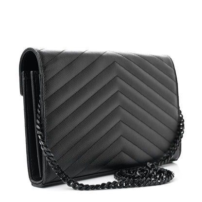 Saint Laurent Grain De Poudre Matelasse Chevron Monogram Monochrome Chain Wallet Black 3 of 11