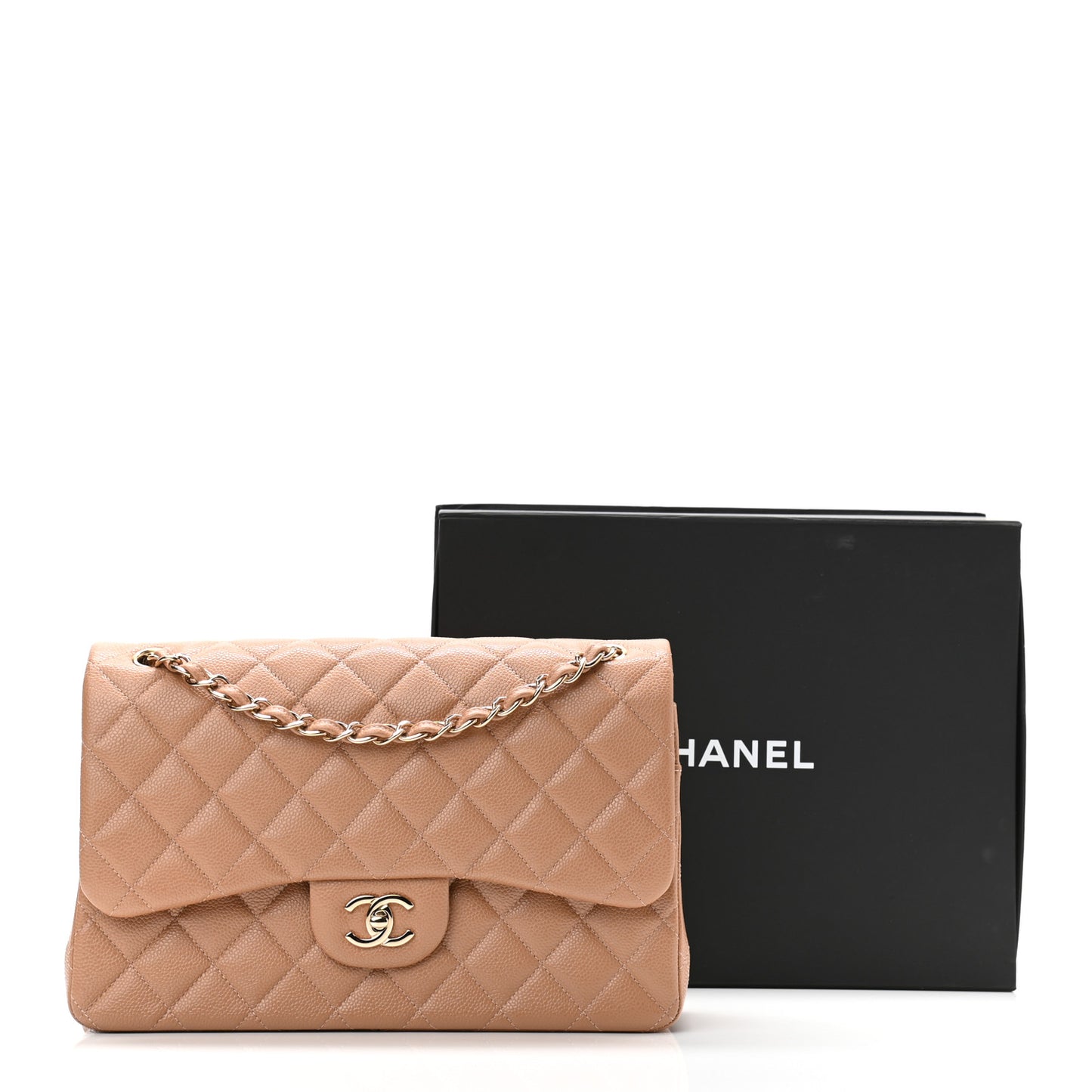 Caviar Quilted Jumbo Double Flap Beige