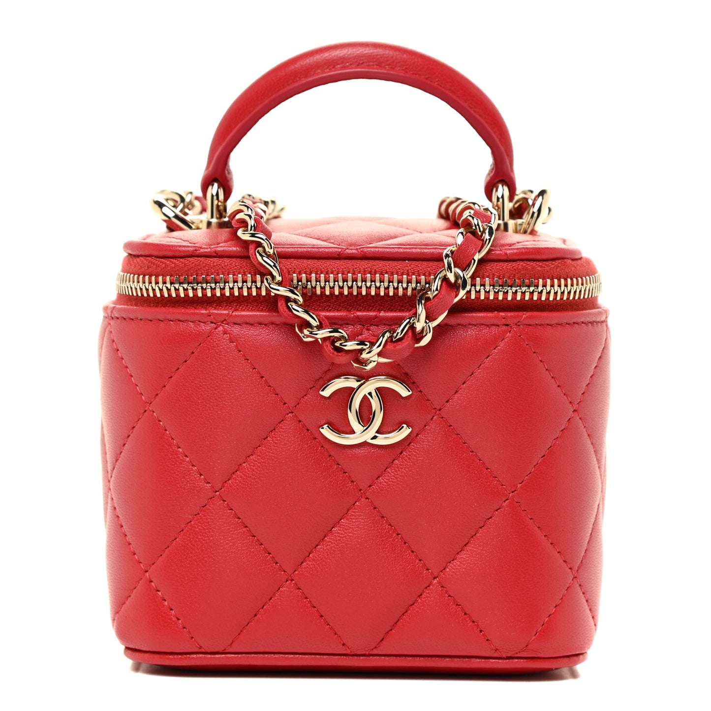 Lambskin Quilted Top Handle Mini Vanity Case With Chain Red