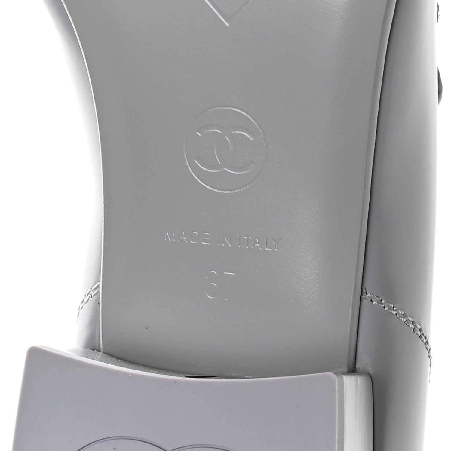 Chanel Shiny Calfskin Logo Loafers 37 Light Grey 7 of 10