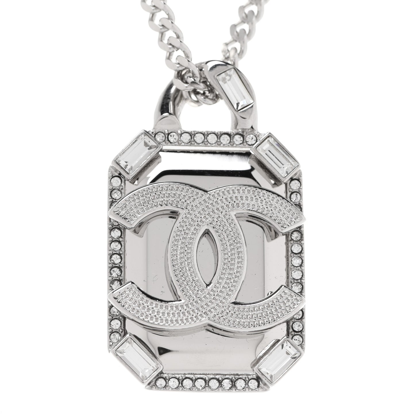 Crystal Baguette CC Mirror Pendant Necklace Silver