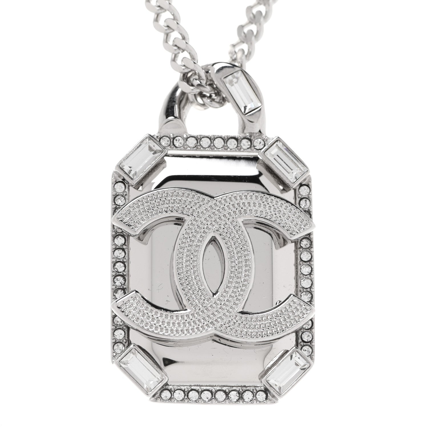 Chanel Crystal Baguette CC Mirror Pendant Necklace Silver 4 of 6