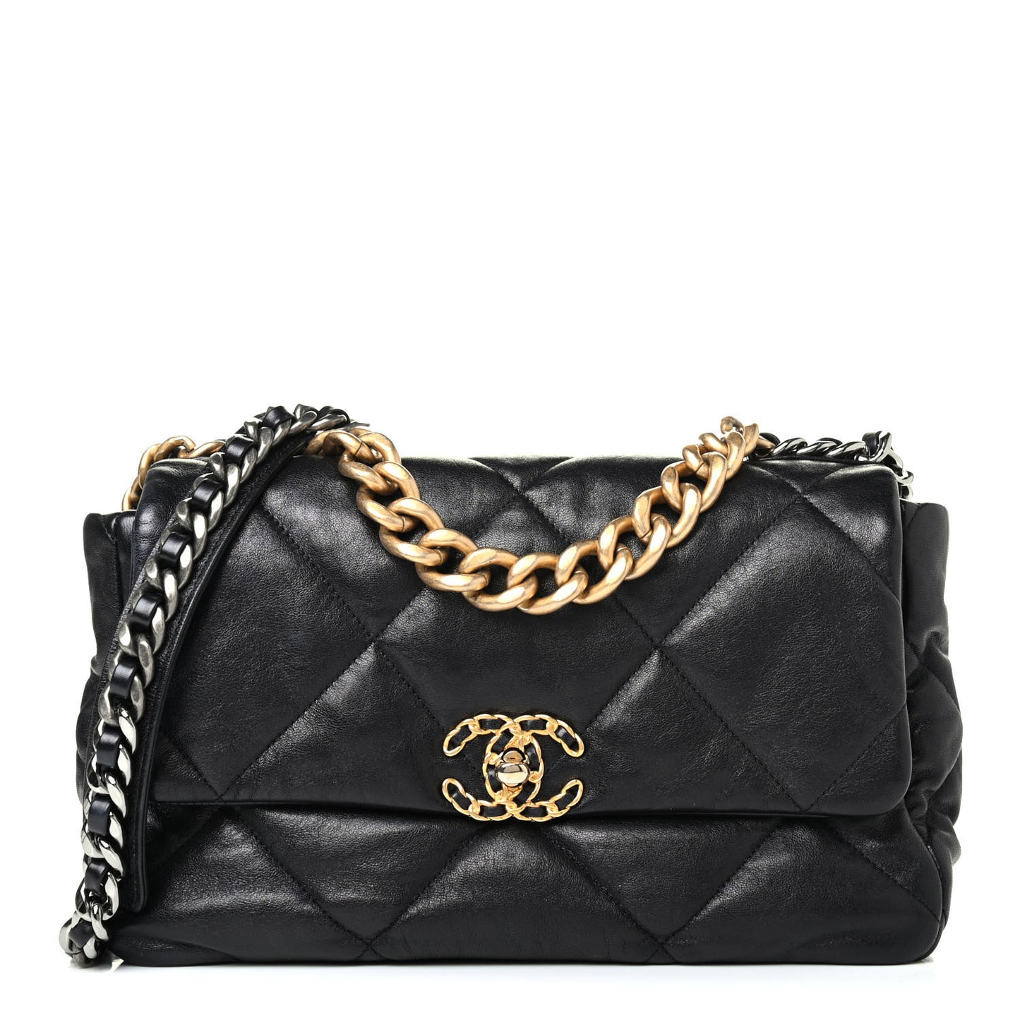 Shiny Goatskin Quilted Large Chanel 19 Flap Black