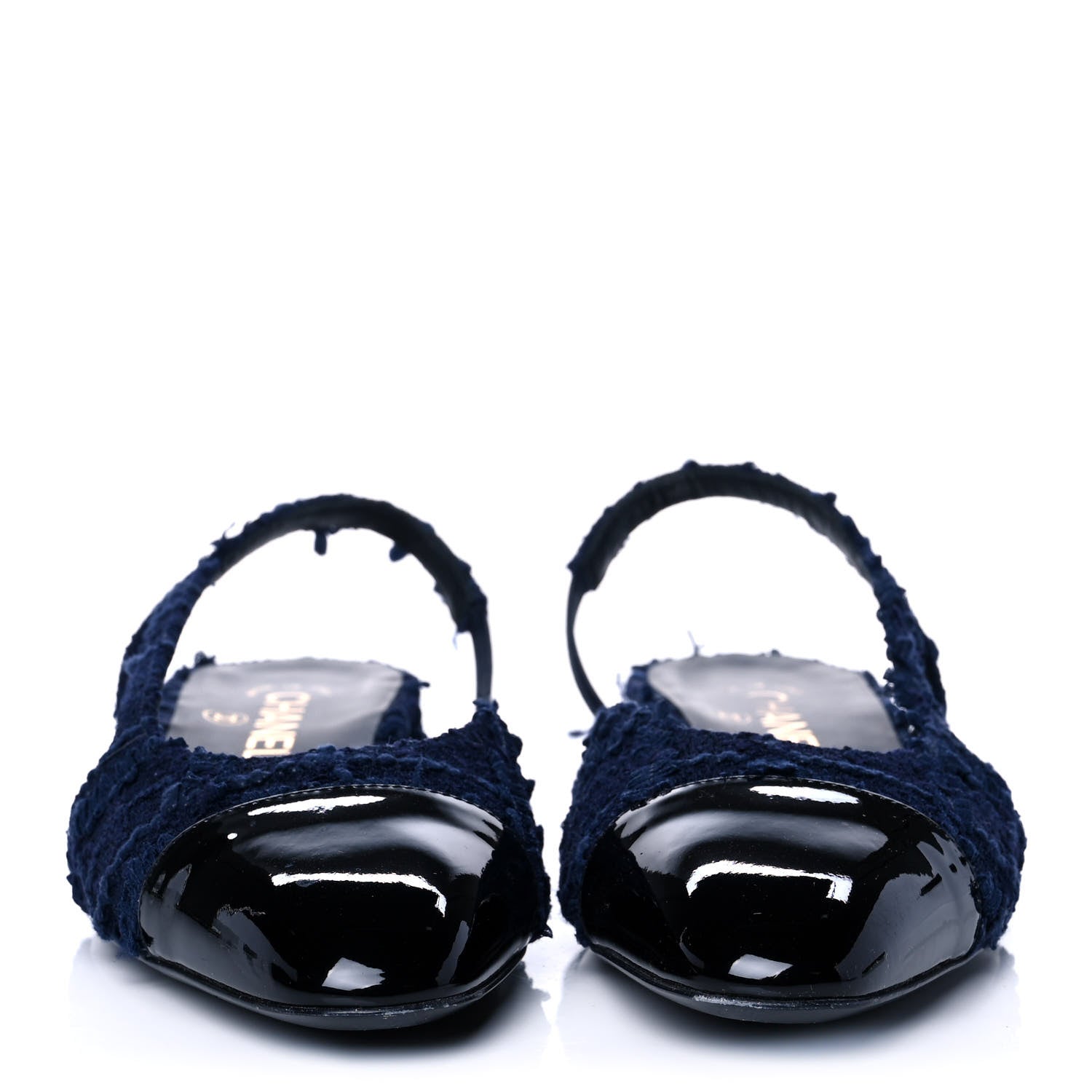 Chanel Tweed Patent Cap Toe CC Slingback Flats 38 Navy 2 of 9