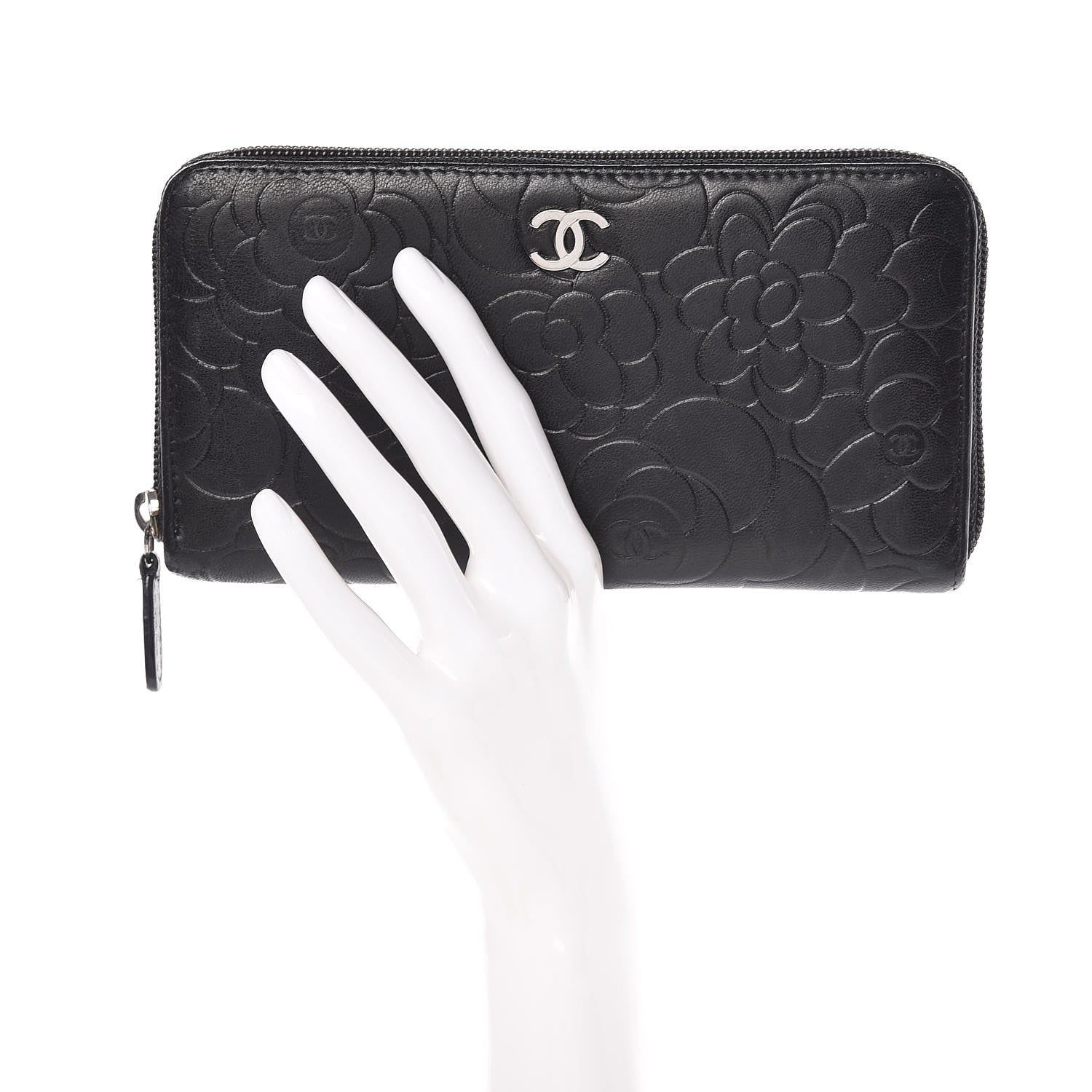Chanel Lambskin Camellia Embossed Large Zip Around Gusset Wallet Black 2 of 10