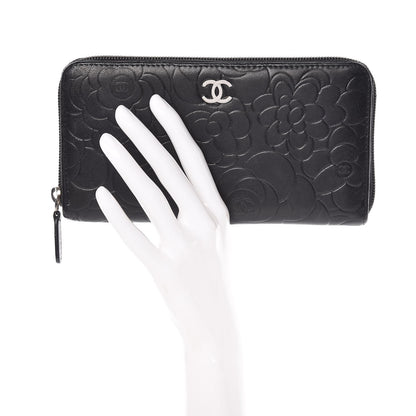 Chanel Lambskin Camellia Embossed Large Zip Around Gusset Wallet Black 2 of 10