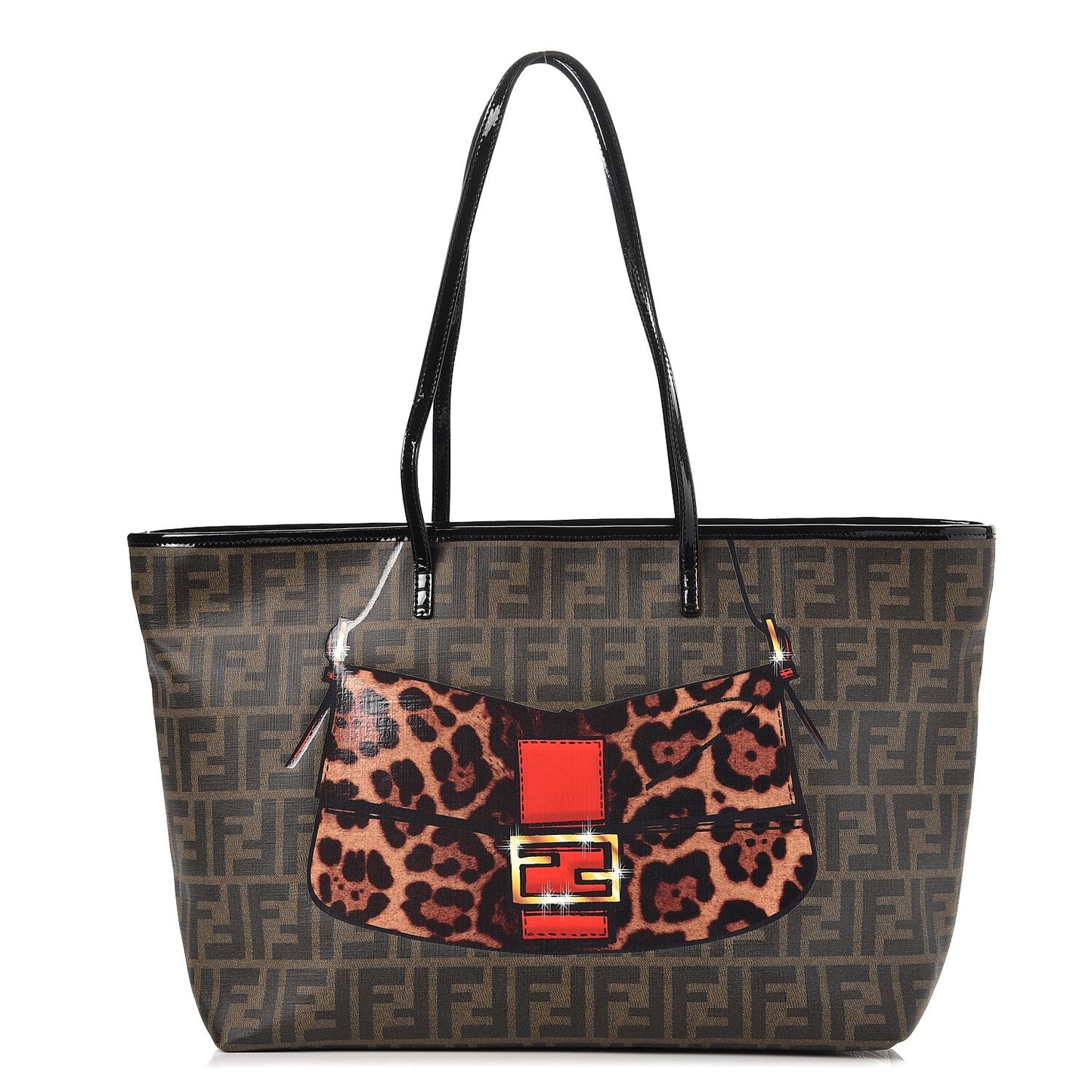 Zucca Spalmati Patent Baguette Print Medium Roll Tote Tobacco