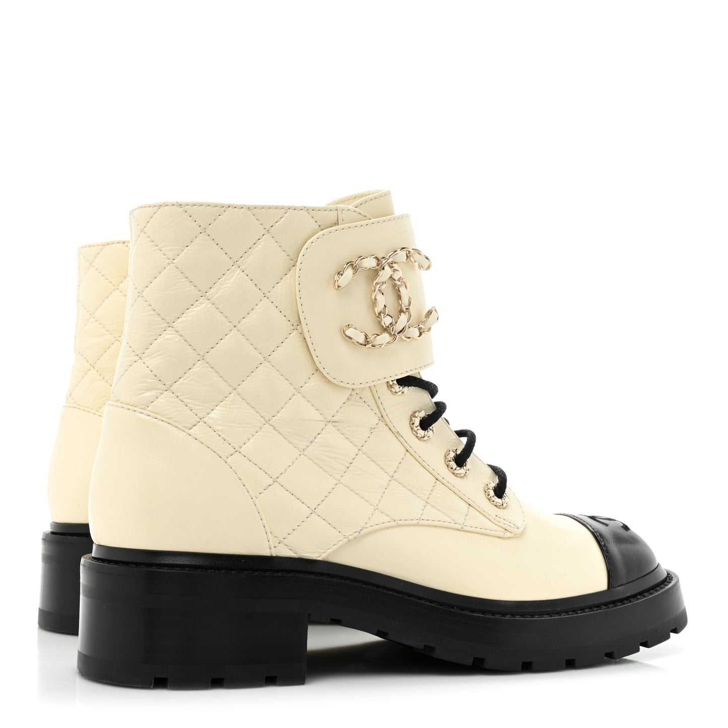 Shiny Goatskin Calfskin Quilted Lace Up Combat Boots 39 Ivory Black