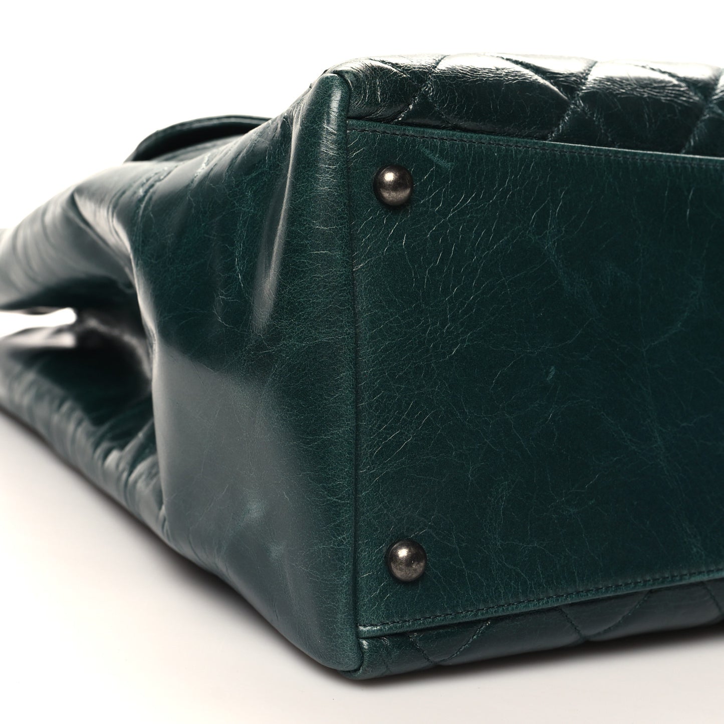 Glazed Calfskin Quilted Large Front Flap Tote Dark Green