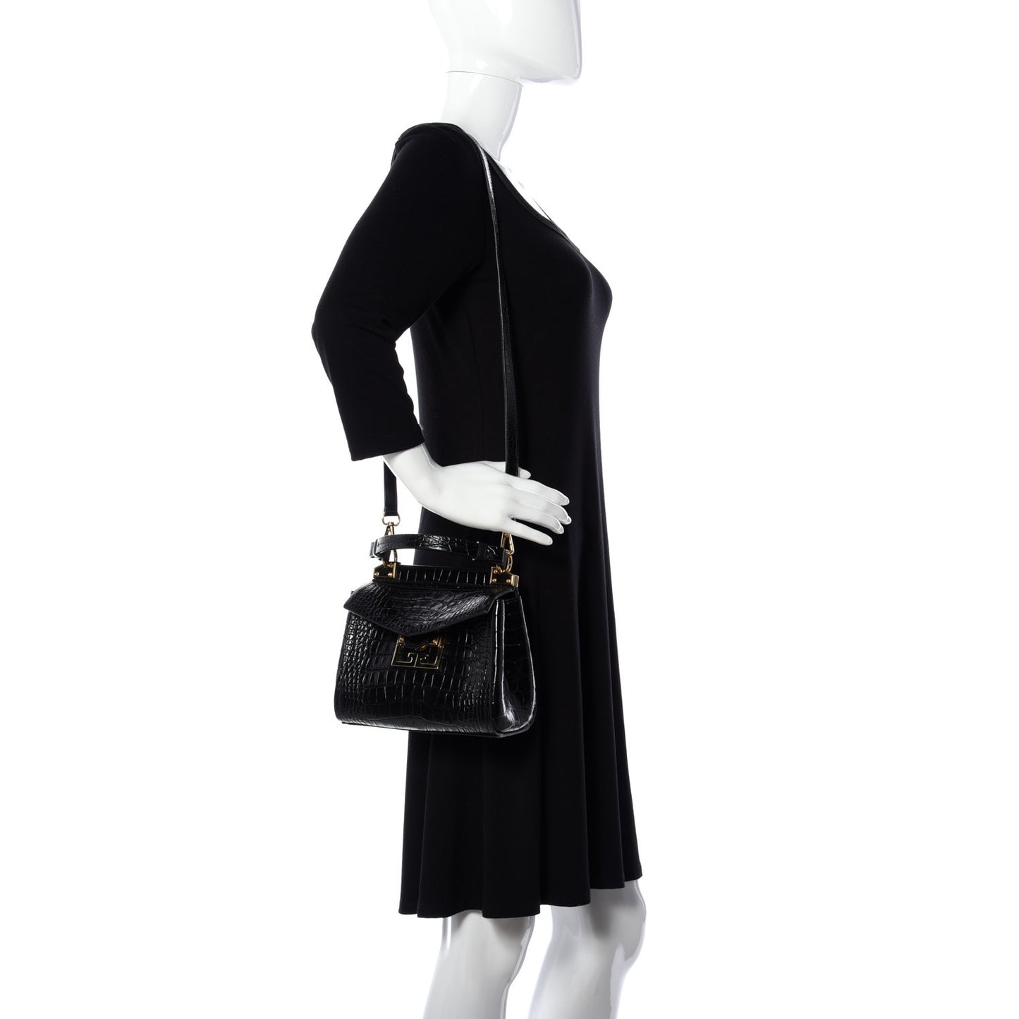 Calfskin Crocodile Embossed Mini Mystic Shoulder Bag Black