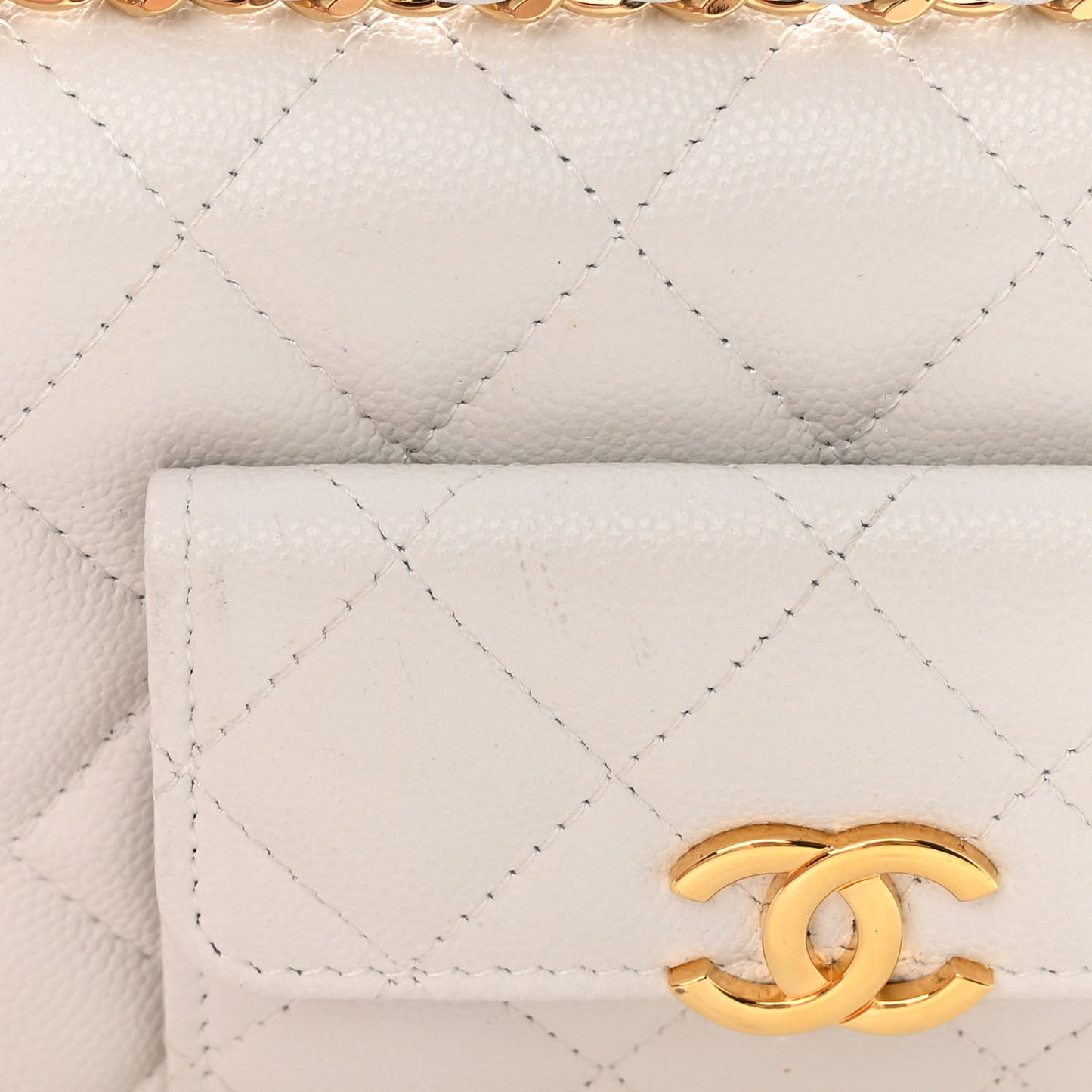 Caviar Quilted Pocket Twins Clutch With Chain White