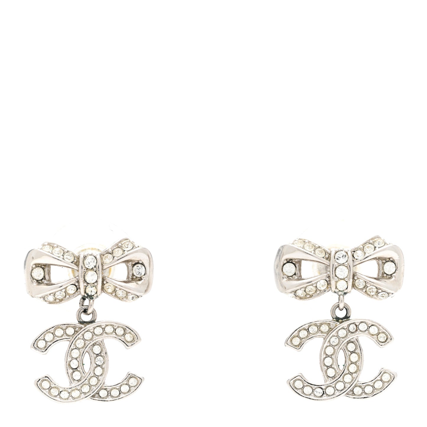 Crystal CC Bow Drop Earrings Silver