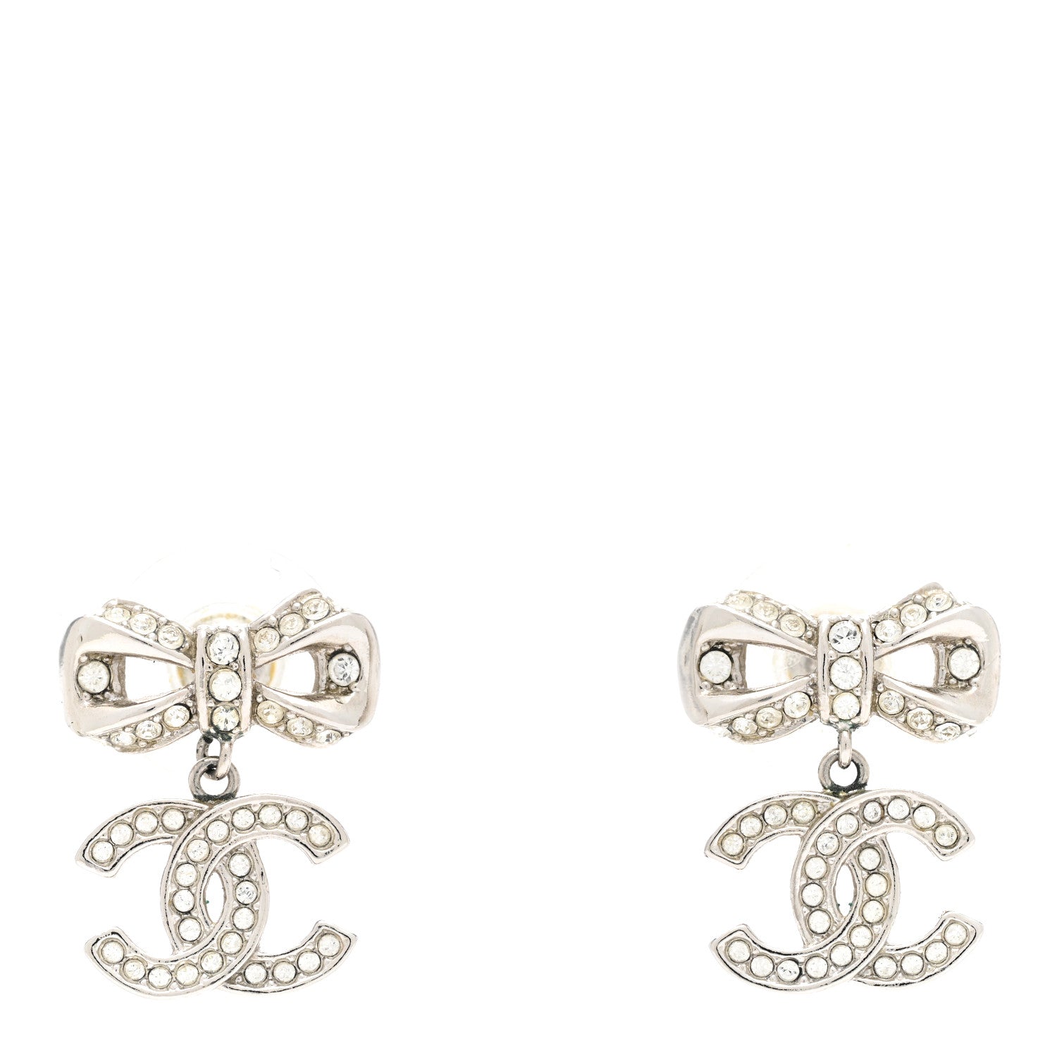 Chanel Crystal CC Bow Drop Earrings Silver 1 of 6