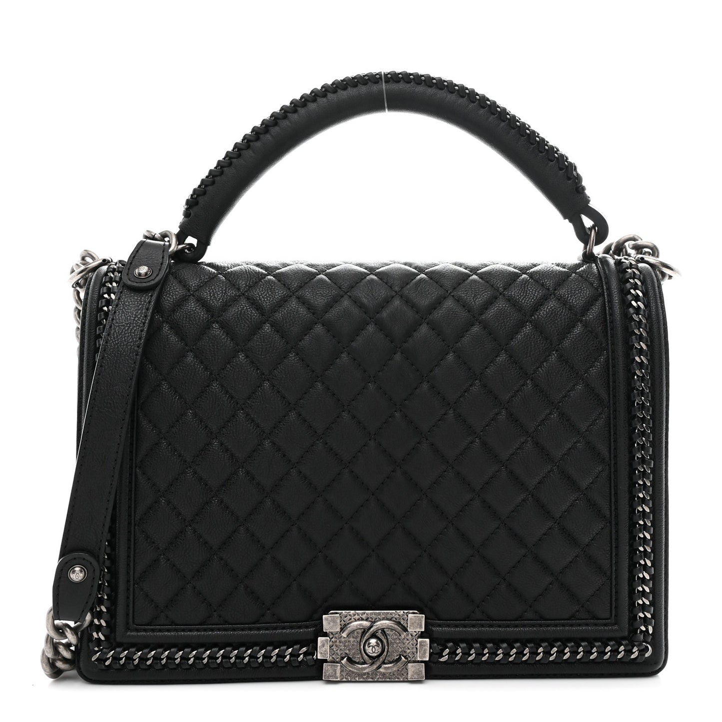 Calfskin Quilted Large Boy Top Handle Flap Black