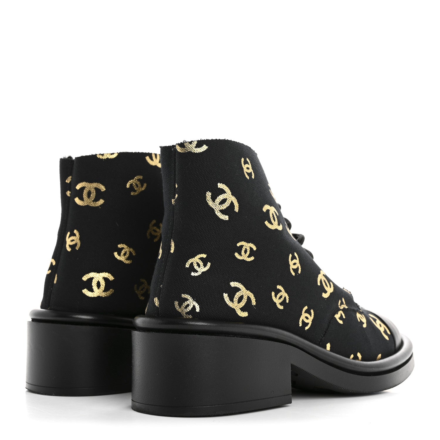 Chanel Lambskin Shearling Canvas CC Lace Up Boots 38.5 Black Gold 5 of 10