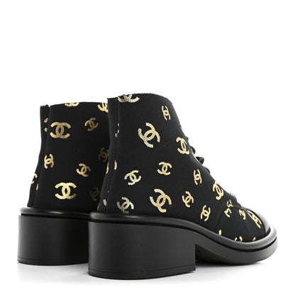 Chanel Lambskin Shearling Canvas CC Lace Up Boots 38.5 Black Gold 5 of 10