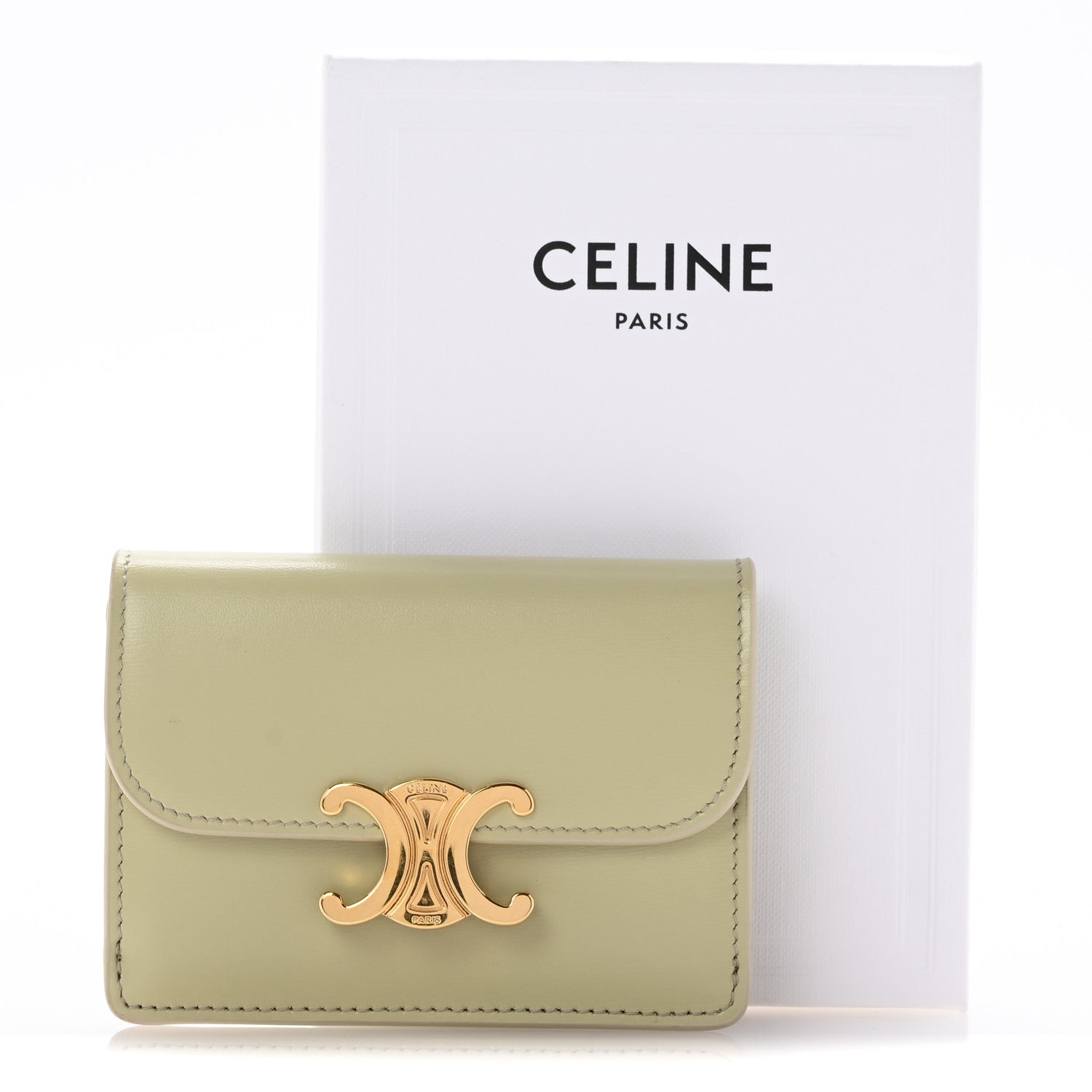 Celine Shiny Calfskin Triomphe Flap Card Holder Almond Green