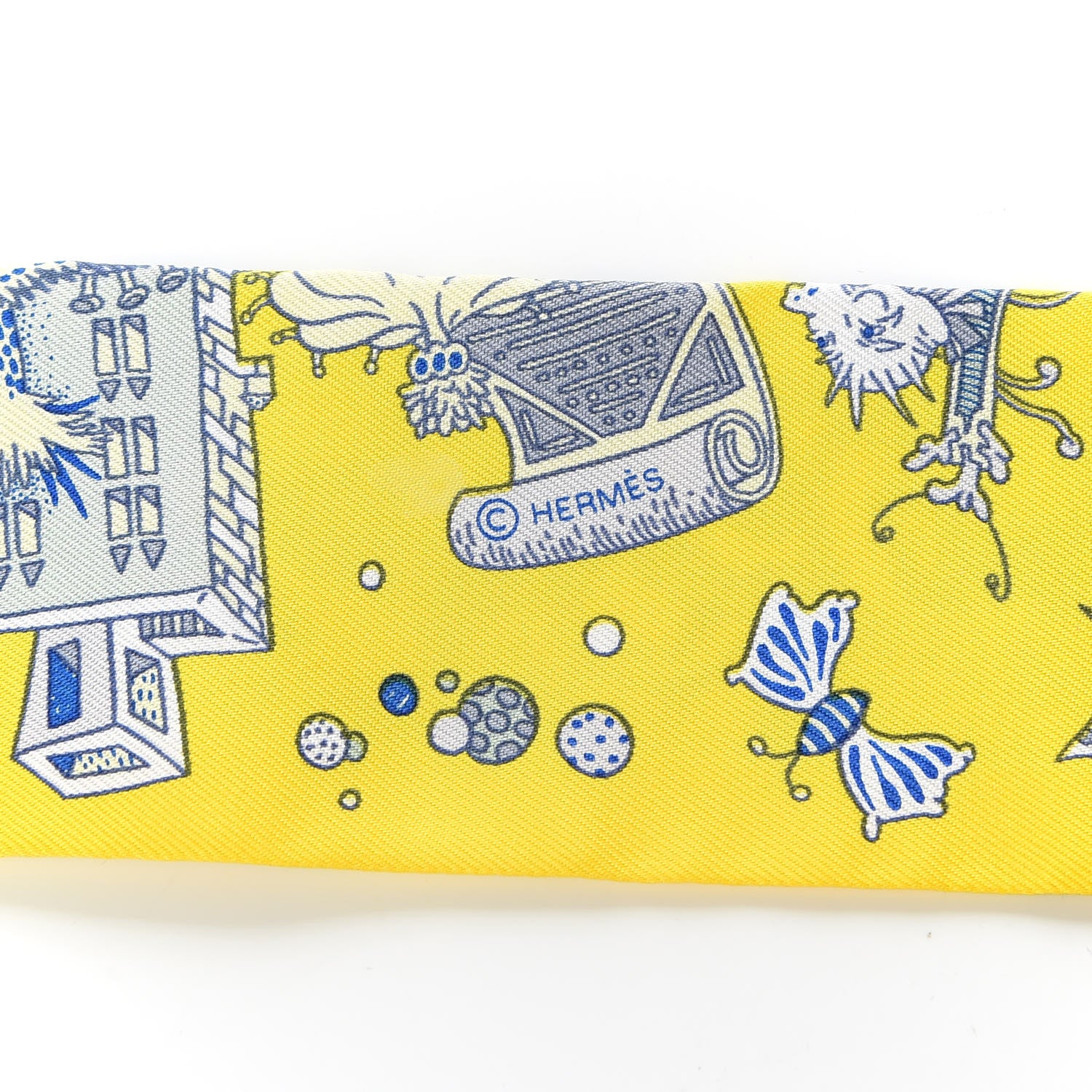 Hermes Silk La Folle Parade Twilly Jaune Vif Bleu Gris 4 of 4