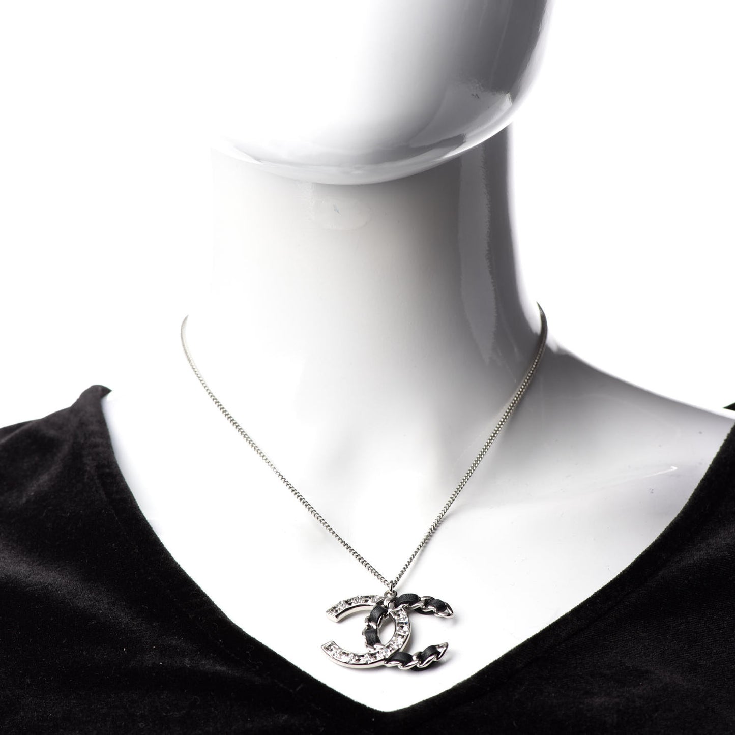 Lambskin Baguette Crystal CC Necklace Black Silver