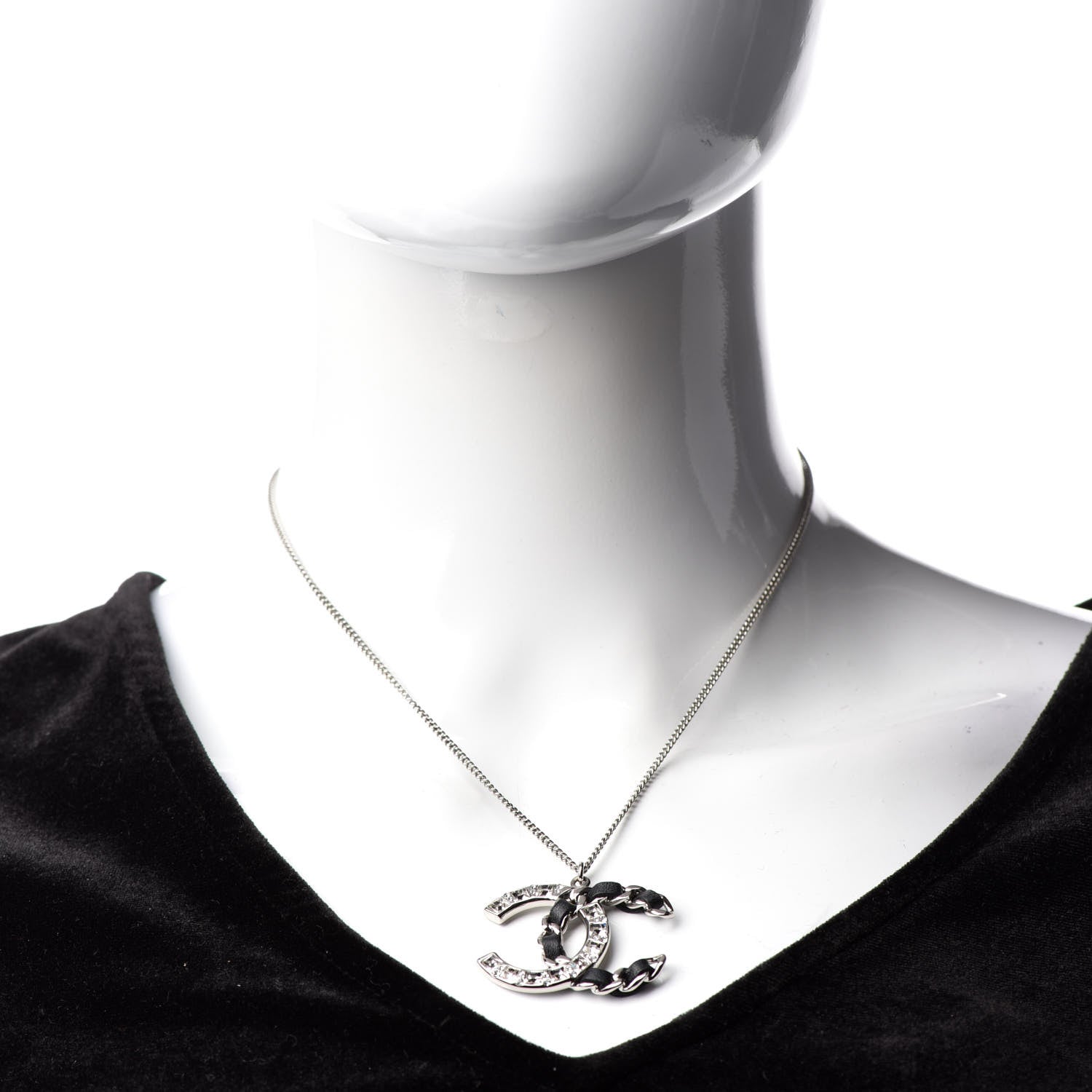 Chanel Lambskin Baguette Crystal CC Necklace Black Silver 2 of 6